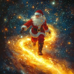 Sticker - Santa Claus runs through the cosmos on a trail of stardust.