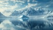 © sujitea - A serene view of an iceberg gently floating in a calm bay with snow-covered mountains beyond.