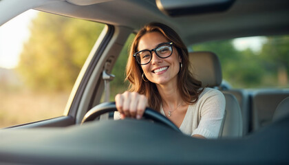 smiling woman driving vehicle on road on bright sunny day, lady enjoying her new automobile, view fr