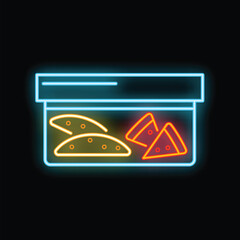 Neon sign of a plastic container filled with nachos and dipping sauce, ideal for a restaurant, bar, or delivery service