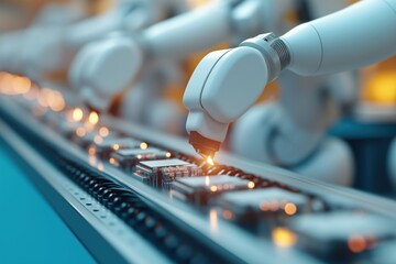 Poster - Closeup view of a robotic arm welding and soldering electronic circuit board in an advanced industrial automation and manufacturing technology process