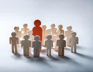 a paper cut of of a crowd of diverse people; wooden figures around the leader