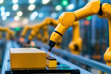 Poster - Robotic industrial arms automating factory production process on a modern computerized assembly line