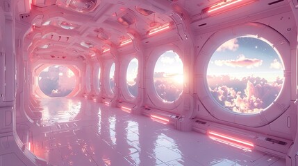 Wall Mural - 3D space station interior, featuring advanced equipment, large windows overlooking the galaxy, and a futuristic aesthetic in soft hues.