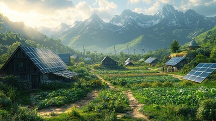 Wall Mural - A picturesque village nestled in a valley surrounded by mountains, with solar panels on rooftops and wind turbines in the background, illustrating sustainable living and harmony with nature.