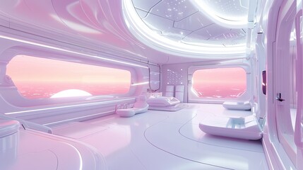 Wall Mural - 3D space station interior, featuring advanced equipment, large windows overlooking the galaxy, and a futuristic aesthetic in soft hues.