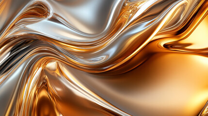 Fototapete - Swirling, glossy waves in luxurious shades of gold, brown, and silver. This 3D liquid background is perfect for posters, banners, and wallpapers.

