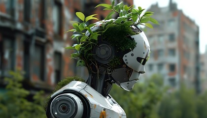 Robot in a Suit with Plant Growth on Head, Representing Natures Resilience Amidst Urban Decay