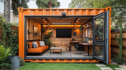 Sticker - A converted shipping container with a home office, sofa, and a coffee table, set up on a green lawn.