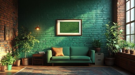 Sticker - A green sofa with orange pillows sits in front of a green brick wall with a framed picture of grass, sunlight streaming through the window.