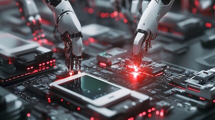 Poster - A futuristic electronics and robotics factory producing next-generation devices and machines
