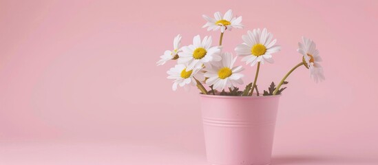 Canvas Print - Floral Arrangement With White Daisies Standing In A Pink Bucket On A Light Pink Background Copy Space