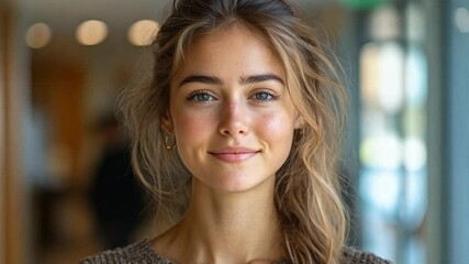 Poster - A young woman with long, wavy hair smiles gently in a well-lit indoor space, radiating happiness and charm in a relaxed atmosphere.