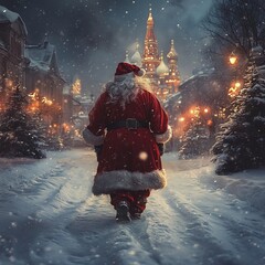 Sticker - Santa Claus walks through a snowy, Christmas-lit street towards a church in the distance.