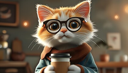 Charming animated cat character in casual attire sipping coffee, ideal for childrens media and vibrant digital illustrations