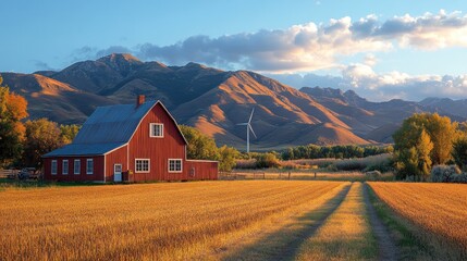 Wall Mural - A red barn stands in a field of golden wheat, with mountains in the background and a wind turbine in the distance. The sun is setting, casting a warm glow over the scene.