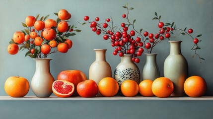 Poster - Still life painting featuring a variety of oranges, grapefruit, and red berries in ceramic vases on a shelf.