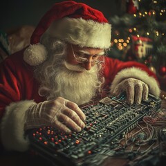 Poster - Santa Claus works on a complex electronic device, surrounded by Christmas lights and decorations.