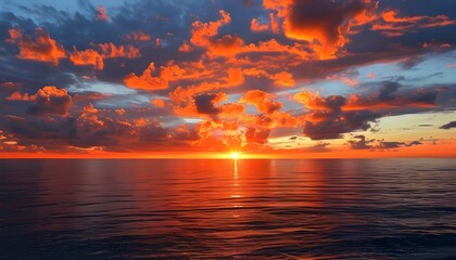 Vibrant sunset over the ocean painting the sky and water with shades of orange and red, evoking serenity in a picturesque landscape.