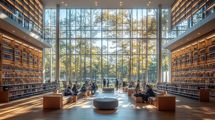 Sticker - Modern library interior with large windows overlooking a park, sunlight streams through the space, people are reading and relaxing on benches.