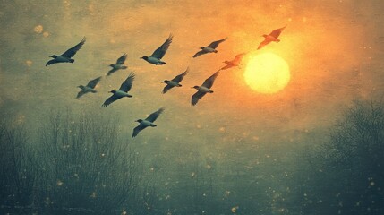 Sticker - A flock of birds flying in formation against a sunset sky.