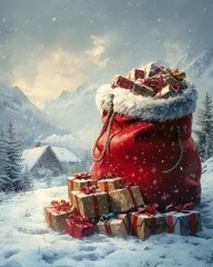 Poster - Santa's bag overflowing with presents in a snowy winter landscape.