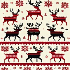 Canvas Print - Seamless pattern with stylized red and black reindeer and snowflakes on a beige background.