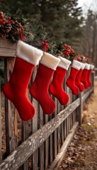 Sticker - Seven red stockings with white fur trim hang on a wooden fence, decorated with festive greenery.