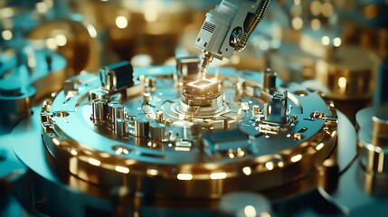Poster - A futuristic electronics and robotics factory producing next-generation devices and machines
