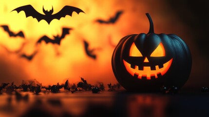 Wall Mural - Halloween Pumpkin and Bats Minimalist Image