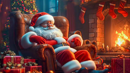 Wall Mural - Cute Santa Claus is resting with his eyes closed in a beautiful and cozy armchair in the living room near the Christmas tree and fireplace. The concept of Christmas and New Year