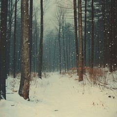 Sticker - Snow falls on a path through a forest.