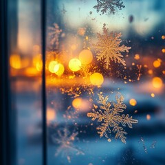 Poster - Snowflakes on a window with warm lights in the background.