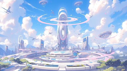 Wall Mural - Sci-fi cityscape featuring futuristic buildings, flying cars, and a dynamic pastel sky.
