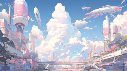 Wall Mural - Sci-fi cityscape featuring futuristic buildings, flying cars, and a dynamic pastel sky.