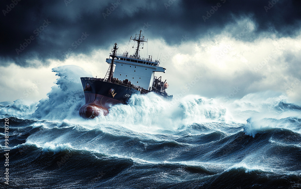 Cargo ship navigating through rough seas during a violent storm with ...