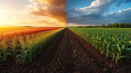 Canvas Print - A split image showing a field of crops at sunset and a field of crops under a stormy sky.