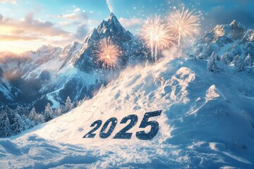 Sticker - Snowy mountain peak with fireworks celebrating New Year 2025.