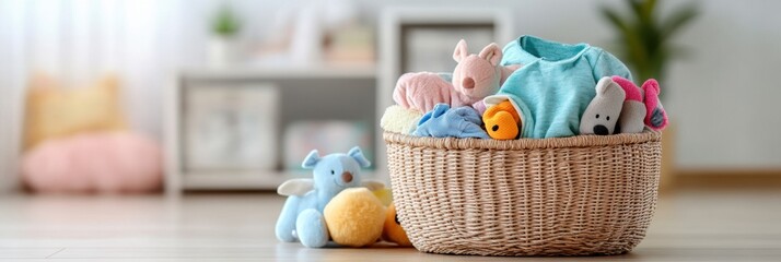 Aufkleber - A laundry basket overflows with vibrant children's clothing and soft toys, brightening the well-lit room during the day. Generative AI