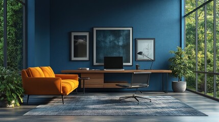 Poster - Modern home office with large windows, a blue wall, a wooden desk, an orange sofa, and a black office chair.