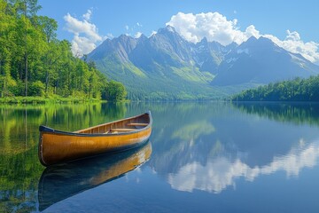 Canvas Print - A wooden canoe sits on a calm, still lake with majestic mountains in the background. The water is crystal clear and reflects the sky and clouds.