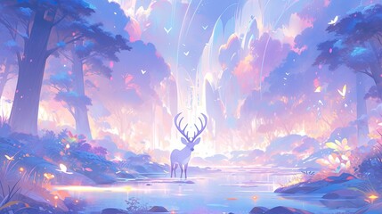 Wall Mural - Fantasy landscape featuring mythical creatures, enchanted forests, and glowing pastel crystals.