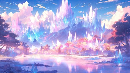 Wall Mural - Fantasy landscape featuring mythical creatures, enchanted forests, and glowing pastel crystals.