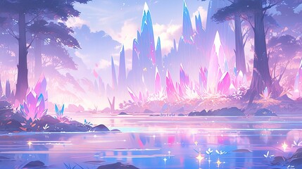Wall Mural - Fantasy landscape featuring mythical creatures, enchanted forests, and glowing pastel crystals.