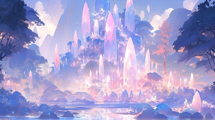 Wall Mural - Fantasy landscape featuring mythical creatures, enchanted forests, and glowing pastel crystals.