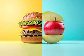 Hamburger or apple. Healthy vitamin rich food like fruits vs unhealthy fast food. Image split in half. Generative Ai