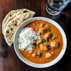 Wall Mural - Butter chicken plated in a white bowl with naan, rice, and a glass of water on a dark wooden table. ae