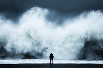 Silhouette of a person standing on a beach, dwarfed by an enormous wave crashing before them, creating a dramatic contrast between human and nature's power