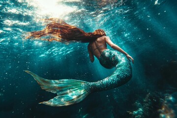 Mythical mermaid with long flowing hair and shimmering tail gracefully swimming in deep blue waters, sunlight filtering through the surface