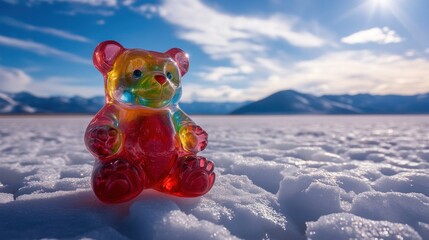 Poster - A Glass Bear Sitting on Snow With Mountains in the Background